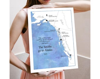 Personalized Alaskan Cruise Keepsake - Custom Travel Map Art – from Seattle to Anchorage