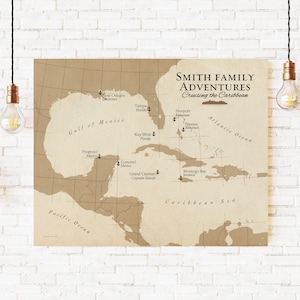 Personalized Caribbean Cruise Map of Family Vacation, Keepsake Map of the Caribbean, Family Travel Map