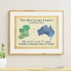 Long Distance Family Gift Idea, Family Map Art Canvas, Personalized Distance Gift for Parents, Moving Away Gift, Ireland to Australia Map