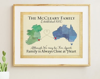 Long Distance Family Gift Idea, Family Map Art Canvas, Personalized Distance Gift for Parents, Moving Away Gift, Ireland to Australia Map