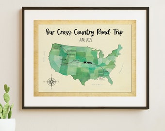 Cross Country Road Trip Map, Family Adventure Map, Keepsake Map of your USA vacation