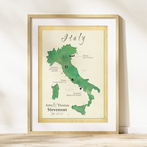 Italy Wedding Map, Italy Honeymoon Map, Italy Anniversary Gift, Personalized Keepsake Map of Italy, Italy Family Vacation Memento Map