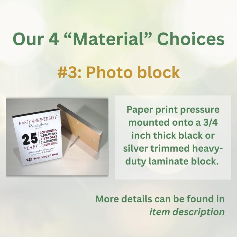 K&ouml;nnte beinhalten: Ein Fotoblock bestehend aus einem Papierdruck auf einem 1,9 cm dicken, robusten Laminatblock mit schwarzer oder silberner Kante. Das Display zeigt ein Jubil&auml;umsdesign mit dem Text Happy Anniversary, 25 Years, 300 months, 1,304 weeks, 9,132 days.