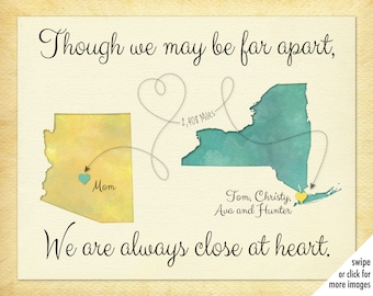 Though we May be Far Apart We are Always Close at Heart Christmas Gift, Personalized Gift for Mom, Grandma, 2 Places Map Print