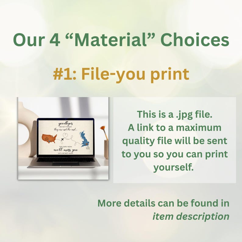 K&ouml;nnte beinhalten: Eine digitale Druckoption mit der Bezeichnung #1: File-you print. Das Bild zeigt einen Laptop, der eine Grafik mit einer Karte der USA und Gro&szlig;britanniens anzeigt, die durch eine gestrichelte Linie und ein Flugzeugsymbol verbunden sind.