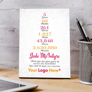 Personalized 5 Year Work Anniversary Plaque - Employee Gift