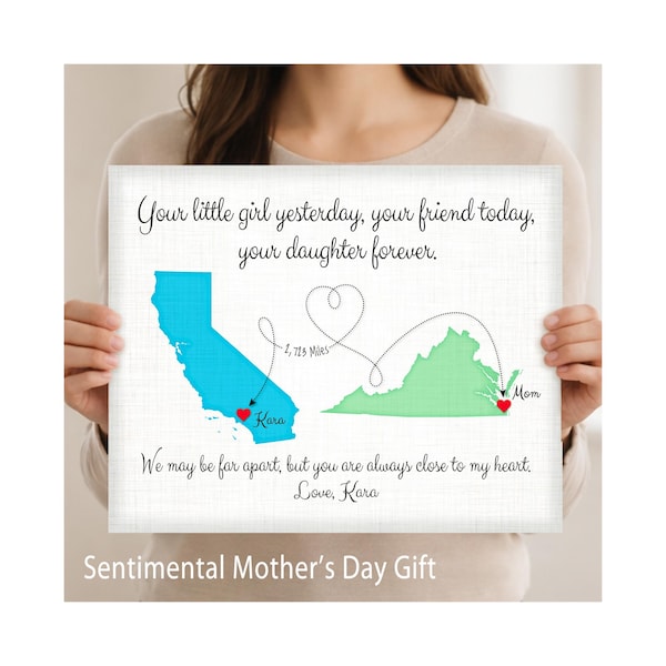 Long Distance Mom Gift – Personalized Mother Daughter Map Print, Mother's Day Gift, Birthday Gift for Mom