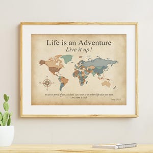 World Map with Inspirational Saying Grad Gift for Son, Multi-Colored World Map on Antique Parchment Background Graduation Gift for Him