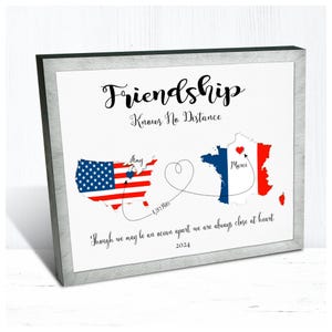 USA to France Friendship Gift, 2 Country Map for Friend with flag colors, Friendship Knows No Distance, Any 2 Countries, Personalized Gift