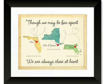 Though We May Be Far Apart Gift for Family, Long Distance Gift Idea for Parents, 3 Places Keepsake Map