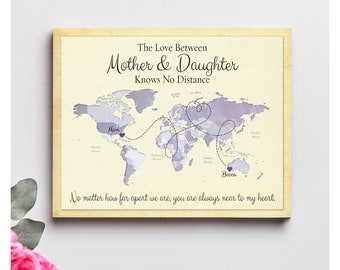 World Map with Distance Quote for Mom, Mothers Day Gift for Mom in a Different Country