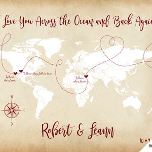 Custom Map for Wedding Sign In Table, I Love You Across the Ocean and Back, Customized Couple Map