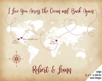 Custom Map for Wedding Sign In Table, I Love You Across the Ocean and Back, Customized Couple Map