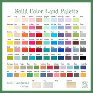 K&ouml;nnte beinhalten: Eine Farbkarte mit dem Titel Solid Color Land Palette, die ein Raster aus zahlreichen kleinen farbigen Quadraten mit Bezeichnungen wie Cream, Peach, Crimson, Navy und Black zeigt. Darunter zeigt ein Bereich Solid Background Colors vier Farbmuster.