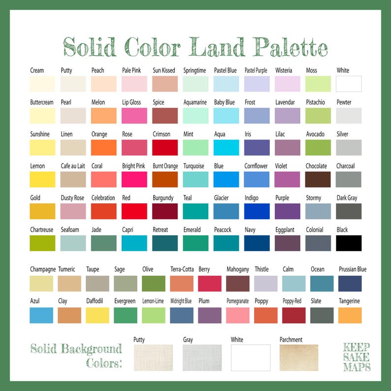 K&ouml;nnte beinhalten: Eine Farbkarte mit dem Titel Solid Color Land Palette, die ein Raster aus zahlreichen kleinen farbigen Quadraten mit Bezeichnungen wie Cream, Peach, Crimson, Navy und Black zeigt. Darunter zeigt ein Bereich Solid Background Colors vier Farbmuster.