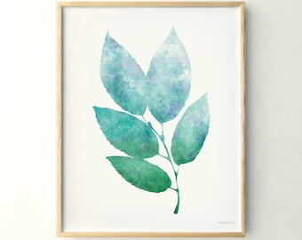 Blue Green Leaf Illustration, Digital art print of Botanical artwork, Nature Bathroom decor idea, Entryway wall decor Printable Epherica Art