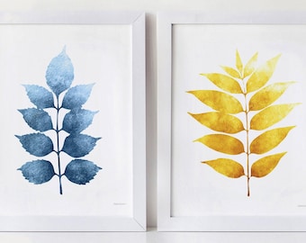 Small prints Deep Blue and yellow print set, Nature Bathroom artworks Navy and yellow wall art, Colorful Leaves print set 8X10, 5x7 DOWNLOAD
