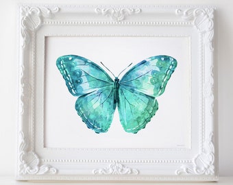 Butterfly Print, Turquoise Butterfly Art Print, Nursery Wall print Turquoise decor, Butterfly wall decor, Digital PRINTABLE wall art print