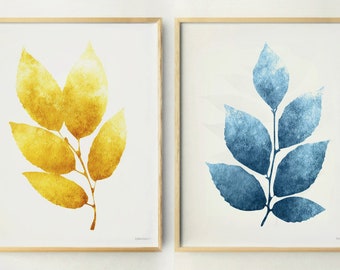 Mustard Yellow and Blue art Set of 2 Prints wall decor, Navy and yellow decor, Colorful Living room art Modern Botanical art DOWNLOAD 11x14