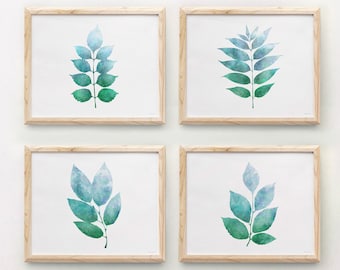 Nature prints Blue green art set, Botanical art prints, DOWNLOADABLE art Printable Nature artworks, 11x14 Horizontal art Set of 4 art prints