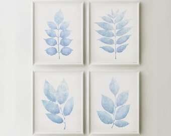 Light Blue print set Pastel wall art Cottage wall decor prints, Pale Blue wall art Blue wall decor art set Light blue PRINTABLE Set 4 Leaves