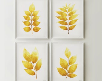 Mustard Yellow Botanical Print Set of 4 leaves, Dining room art idea maximalist decor Warm yellow ochre Digital art prints 16x20 DOWNLOAD