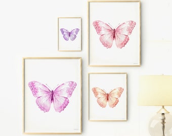 Gallery wall set of 4 Butterflies Baby girl room nursery wall art Girly bedroom wall decor Pink purple set four Butterfly prints DOWNLOAD