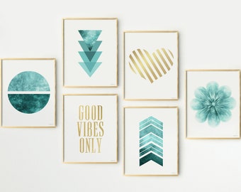 Teal wall decor Teen Girl bedroom wall art, Gallery prints set Teal and gold art, Above bed prints Set 6 wall art, Dorm room decor DOWNLOAD