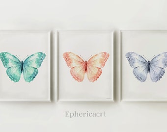 Butterfly art prints set of 3 Nursery wall decor, Little Girls room, Aqua Teal coral grey Neutral Baby room wall art set, Children bedroom