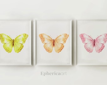 Butterfly Printable Wall Art Set | Pink, Peach & Yellow Girls Bedroom Decor | Nursery Gallery Wall Prints for Baby Girl, Kids Room, Set of 3