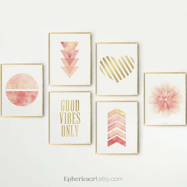 Set of 6 prints Teen Girl room Gallery wall decor idea for bedroom, Light Coral Gold art Above bed decor, Girls room art Dorm decor DOWNLOAD