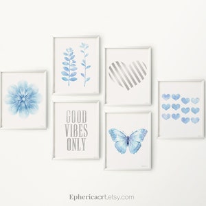 Daughter room decor idea Cute Positive above bed gallery wall art for Teen Girl PRINTABLE print Set of 6 Light Blue silver prints collection image 1