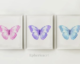 Butterflies wall decor set, Little Girl bedroom decor Pink purple blue Nursery PRINTABLE wall art Girls room set of 3 Butterfly prints set
