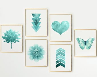 Teal wall art for teen bedroom decor. Deep aqua gallery wall art set of 6 prints for above the bed. College dorm decor prints set DOWNLOAD