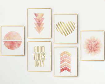 Set of 6 prints Teen Girl room Gallery wall decor idea for bedroom, Light Coral Gold art Above bed decor, Girls room art Dorm decor DOWNLOAD