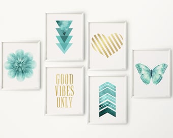 Teal Gold art Above bed decor, Girls room art Set of 6 prints, Teen Girl room Gallery wall decor idea for bedroom, Dorm wall art DOWNLOAD