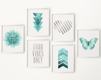 Gallery set prints Teal and silver art Teen Girl bedroom wall decor Above bed prints Teen wall art Set of 6 Teal Dorm wall decor DOWNLOAD