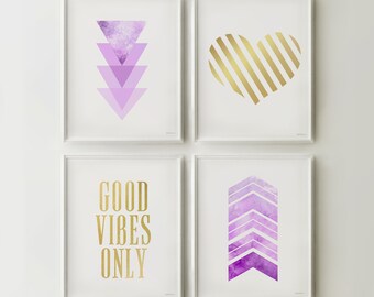 Teen wall decor Girls Bedroom decor Lavender and gold Set of 4 pictures for Teen girl room decor, Dorm prints DOWNLOAD Printable teen decor
