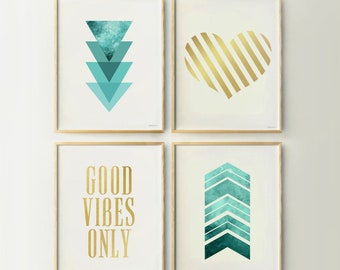 Teal and gold decor Teen room prints wall art Above bed wall decor for bedroom, Modern Dorm decor Set of 4 prints Teal artwork DOWNLOAD