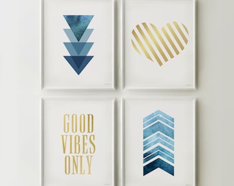 Navy and Gold Teen Room Art Set, Dorm room wall prints Navy blue and gold wall decor set, Teen girl room wall art Set of 4 prints DOWNLOAD