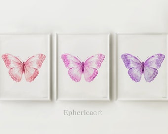 Butterfly print set, Girl Bedroom prints Baby room wall decor, Girls Nursery decor aesthetic Baby purple pink Cute wall art Digital DOWNLOAD