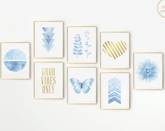 Printable set wall art for Teen Girl bedroom decor Light blue gold Cute Gallery wall prints for Above the bed Dorm decor Teen room pictures