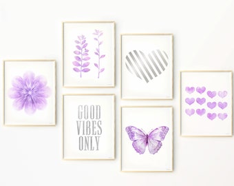 Cute wall decor for girls bedroom Light purple Above bed art prints Set of 6 Teen girl room decor Silver Lavender Gallery wall Set DOWNLOAD