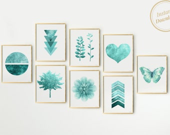 Teal wall art Above bed art decor Gallery wall Set of 8 prints Dorm wall decor Teen bedroom wall art collection DOWNLOADABLE prints