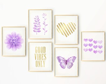 PRINTABLE wall art set Girls dorm decor Light purple gold girly art for Teen bedroom wall decor, Hearts flower Gallery wall Above bed prints