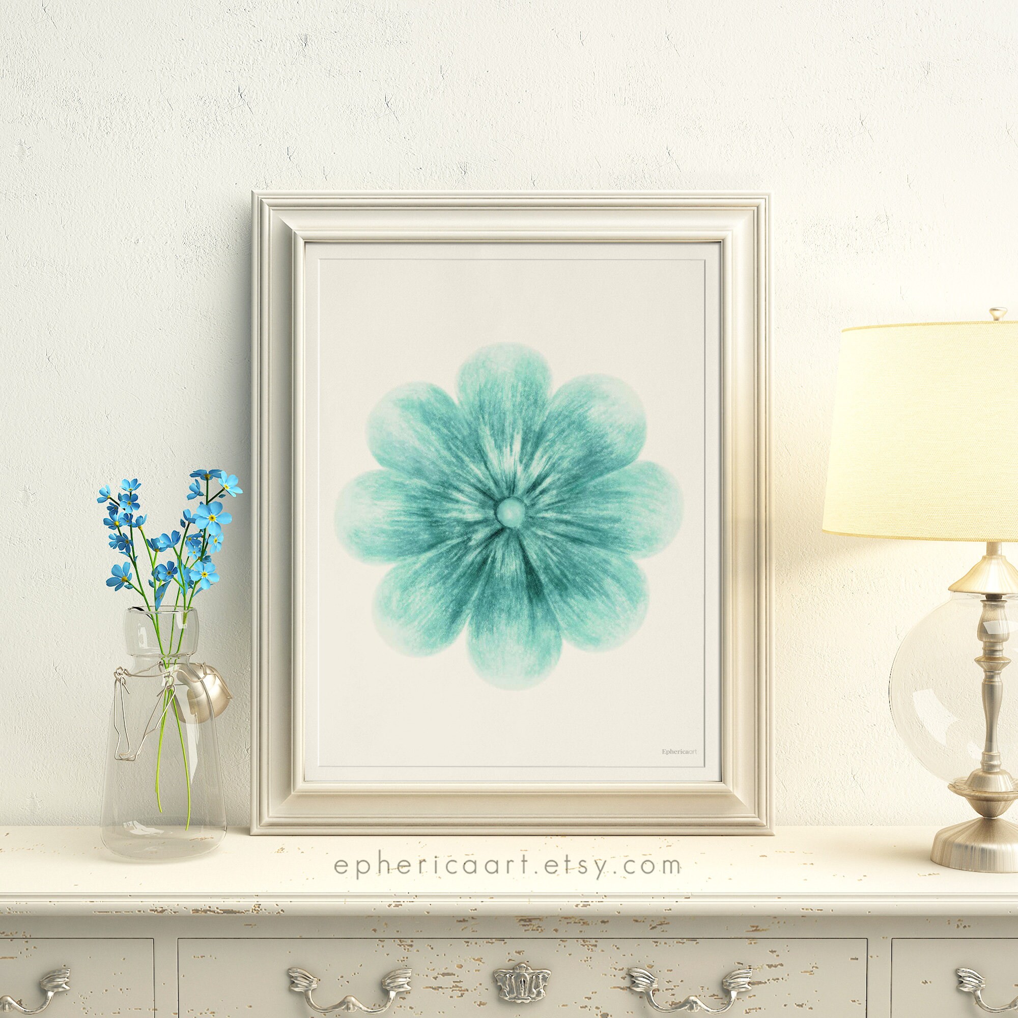 Teal Flower wall art Floral room decor Simple art Floral Etsy