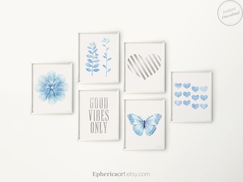 Daughter room decor idea Cute Positive above bed gallery wall art for Teen Girl PRINTABLE print Set of 6 Light Blue silver prints collection image 1