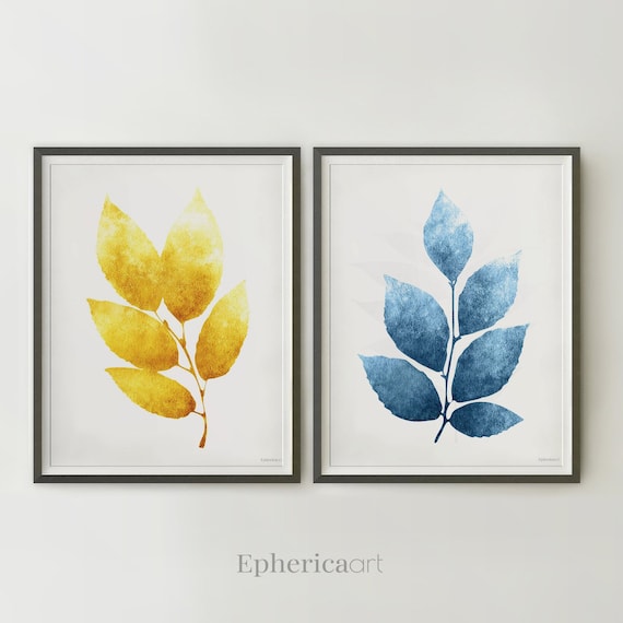 Mustard Yellow And Blue Wall Art Colorful Botanical - Navy Blue And Yellow Wall Art