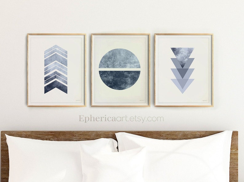 Blue Gray wall art Trio of prints Modern home wall décor Etsy