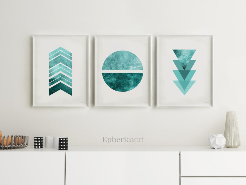 Teal Geometric Wall Art Teal Wall Decor Living Room Print Etsy
